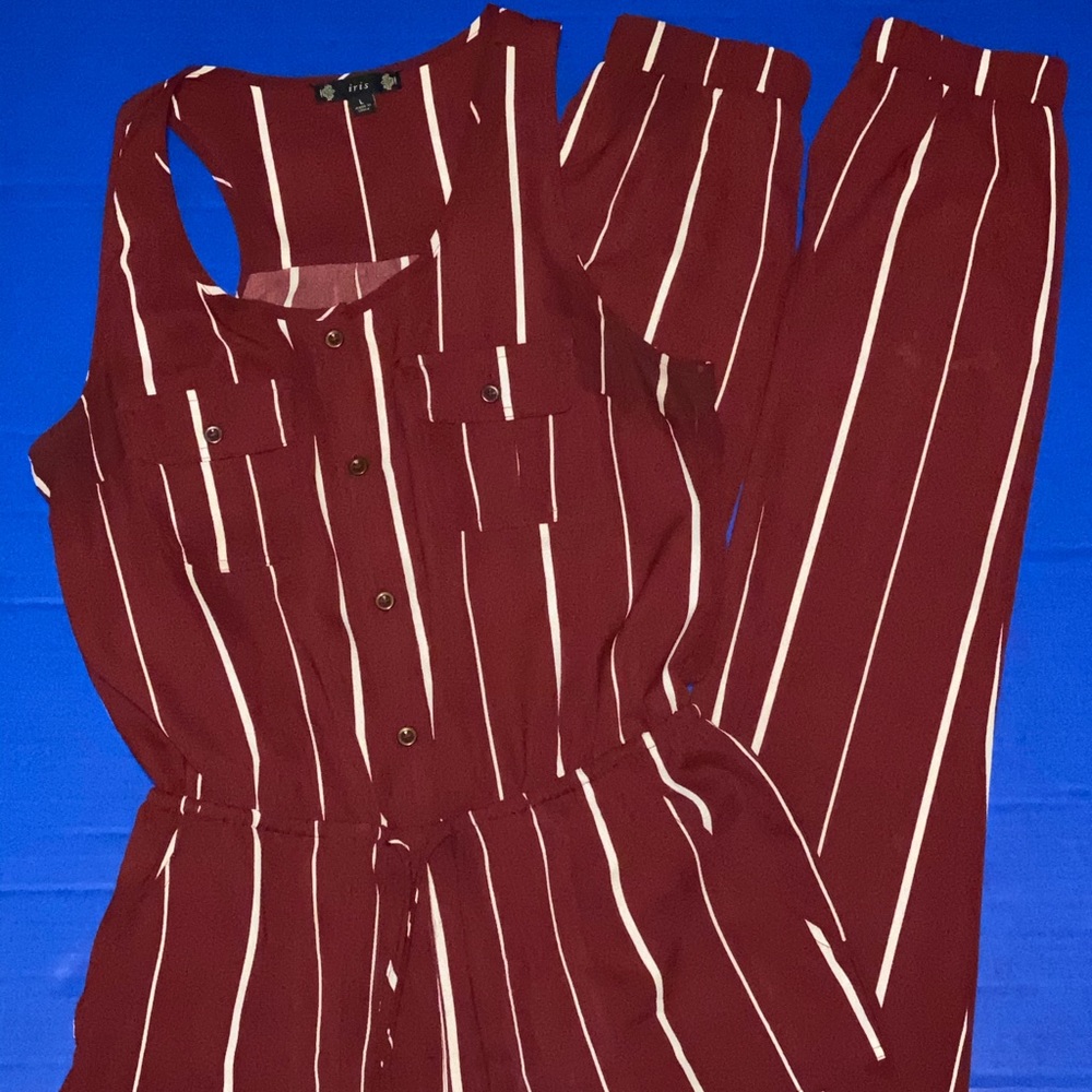 Burgundy and White striped jump suit.